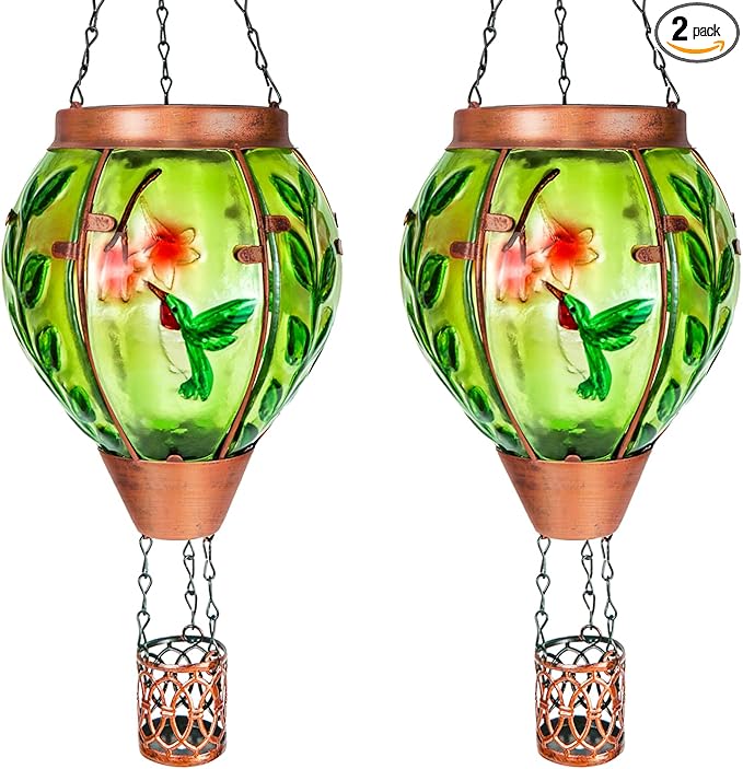 2 Pack Solar Hot Air Balloon Lantern with Flame，Hummingbird Outdoor Solar Lanterns for Outside Garden Yard Farmhouse Patio Pathway Decoration, Hummingbird Gifts for Women Grandma Mom - Hummingbird
