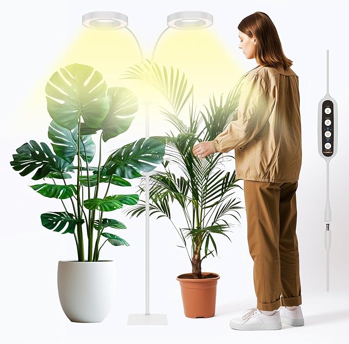 GLOWRIUM Indoor Grow Light, 40 Watt Full Spectrum LED Plant Growth Light with Stand, Adjustable Height with Timer 3/9/12 hrs, White LED Plant Lamp