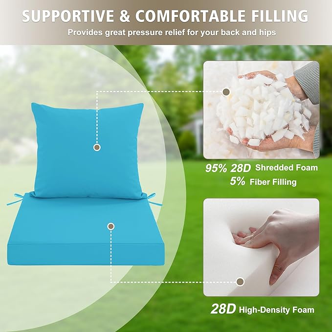 24x24 Inch Outdoor Cushions for Patio Furniture Set of 2, Waterproof Outdoor Chair Cushions w/Fade-Resistant, Removable & Machine-Washable Covers, Deep Seat Sofa/Couch Pad Replacement, Teal