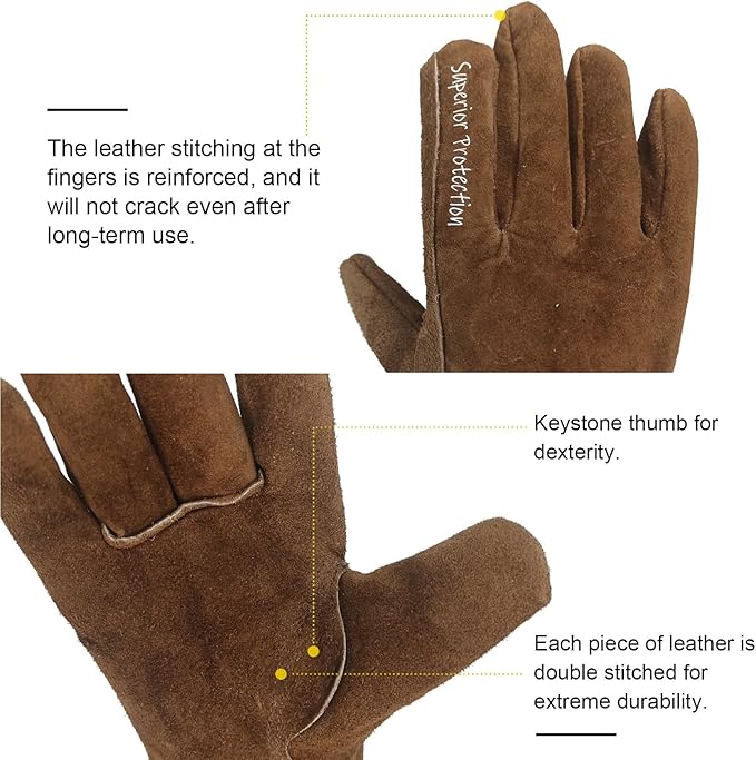 12 Pairs Bulk Leather Work Gloves for Men or Women for Gardening, Construction, Truck, Driving, Farm, Ranch, Woodworker, Soft, Cowhide Thickened, Water Resistant, Brown, 2X-Large