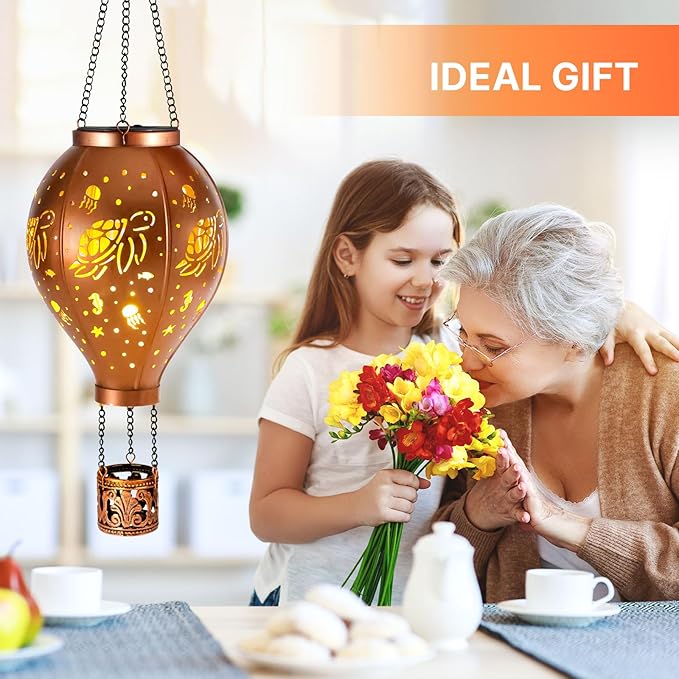 Hot Air Balloon Solar Lights Outdoor Sea Turtle Metal Hanging LED Light Solar Lantern Waterproof Light for Garden Patio Yard Porch Christmas Decor Gifts for Women Mom Friends