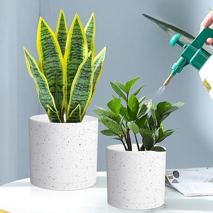 12/10/8 inch Large Plant Pots, 3 Pack Cylinder Deep Flower Pots for Outdoor Indoor Plants, Tall Plastic Planters with Drainage Holes and Saucers for Garden House Plants, Speckled White