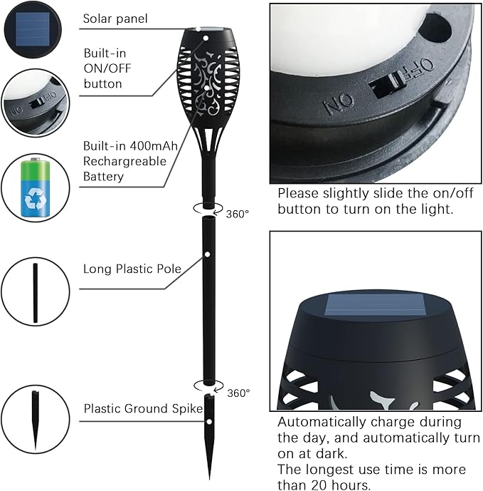 12Pack Solar Torch Lights with Flickering Flame Upgraded, Security&Waterproof Solar Lights Outdoor Landscape Decoration, Mini Solar Tiki Torches for Yard,Garden,Patio, Pathway Decor-Auto On/Off