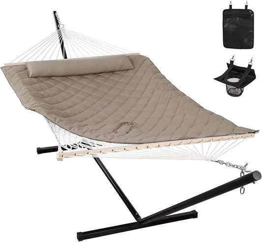 ANOW 2 Person Hammock with 12FT Heavy Duty Steel Stand, Double Rope Hammock with Detachable Pillow and Pad for Outdoors Indoors, 450 LBS Weight Capacity, Light Brown