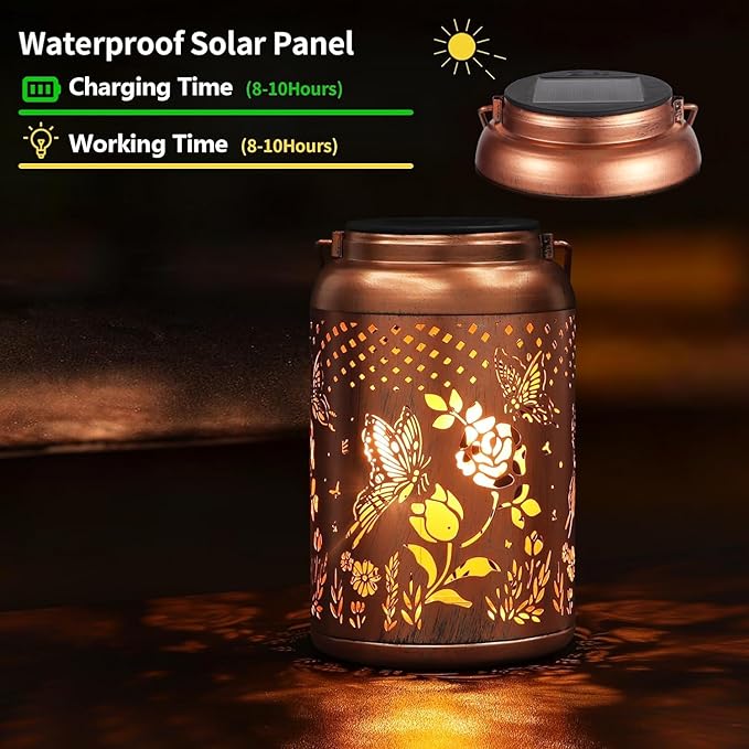 2 Pack Solar Lanterns Outdoor Waterproof, Butterfly Rose Garden Decor Birthday Gifts for Women Mom Grandma Hanging Solar Lights Metal Solar Decoration Outside for Yard, Patio, Lawn, Pathway