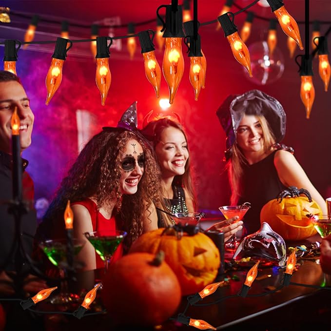 Halloween Lights Flickering Flame String Lights with 12 Pack C7 Orange Flame Light Bulbs (2 Spare), 12.8Ft Orange Flame String Lights for Indoor Outdoor Home Party Yard Halloween Decorations