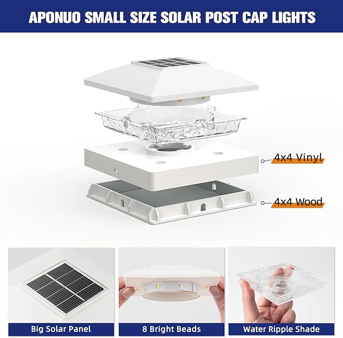 APONUO Solar Post Cap Lights for 4x4 Wood & Vinyl Posts, IP44 Waterproof Cool White LED 4x4 Post Solar Lights, Outdoor Garden Patio Yard Decor, 8 Pack (White)