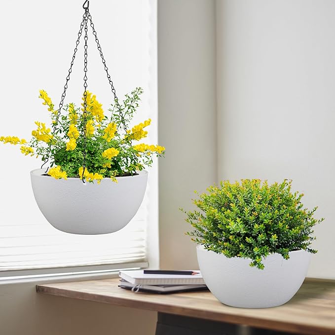 10 inch Hanging Planters for Indoor Outdoor Plants, 2 Pack Hanging Flower Pots with Drainage Holes and Chain for Garden Balcony Porch, Round Plastic Hanging Baskets for House Plants, White