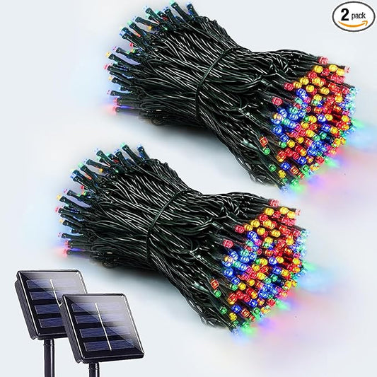 2 Pack 200 LED Solar Christmas Lights Outdoor, Solar String Lights for Outside with 8 Lighting Modes, Waterproof Green Wire Solar Powered Tree Light for Xmas Party Yard Garden Decorations (Multicolor)