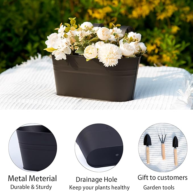 5 Pack Metal Hanging Flower Pots for Railing Fence，Outdoor Balcony Rail Planter with Garden Tools Detachable Hooks Drainage Holes for Deck Garden Home Decor Black