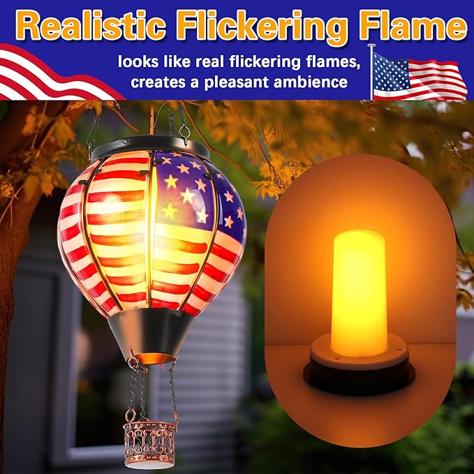 2 Pcs 20 Inch Flag Hot Air Balloon Hanging Solar Lantern Outdoor Garden Decor Waterproof Hot Air Balloon Flame Lantern for Lawn Porch Yard