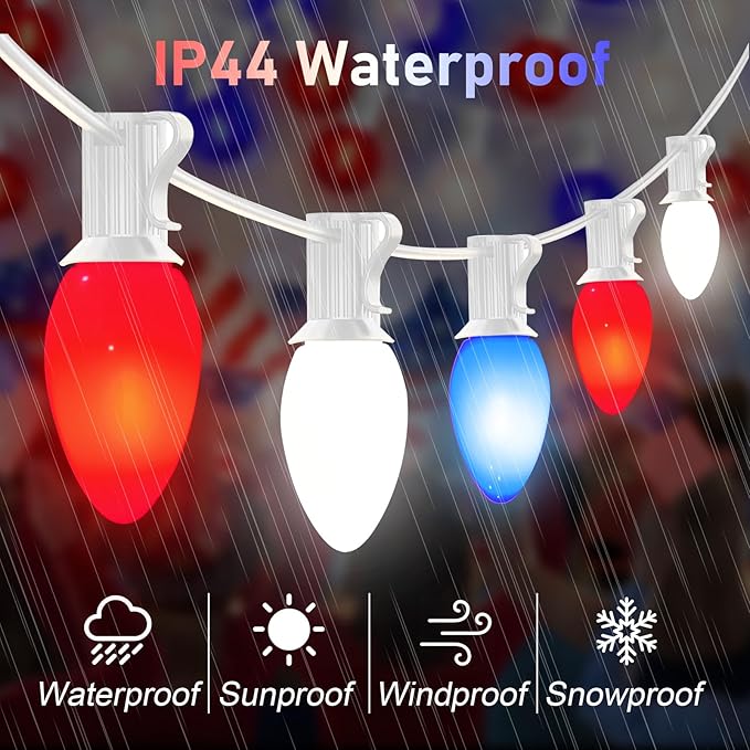 4th of July Decorations Lights, 25Ft C7 Outdoor Red White and Blue String Lights with 27 Shatterproof LED Bulbs, Hanging Patriotic Decorations Light for Indoor Independence Day Patio Garden Backyard