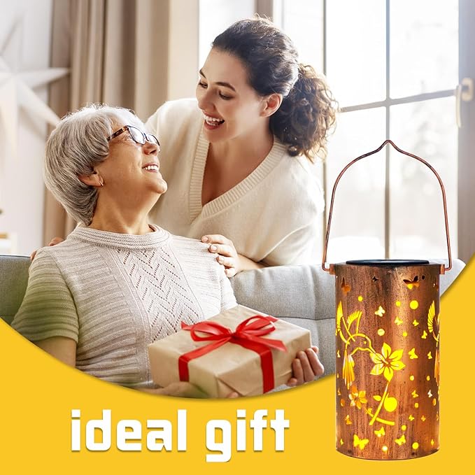 2 Pack Hummingbird Solar Lanterns Outdoor Hanging Lantern Lights, Hollowed-Out Metal Decor Lantern