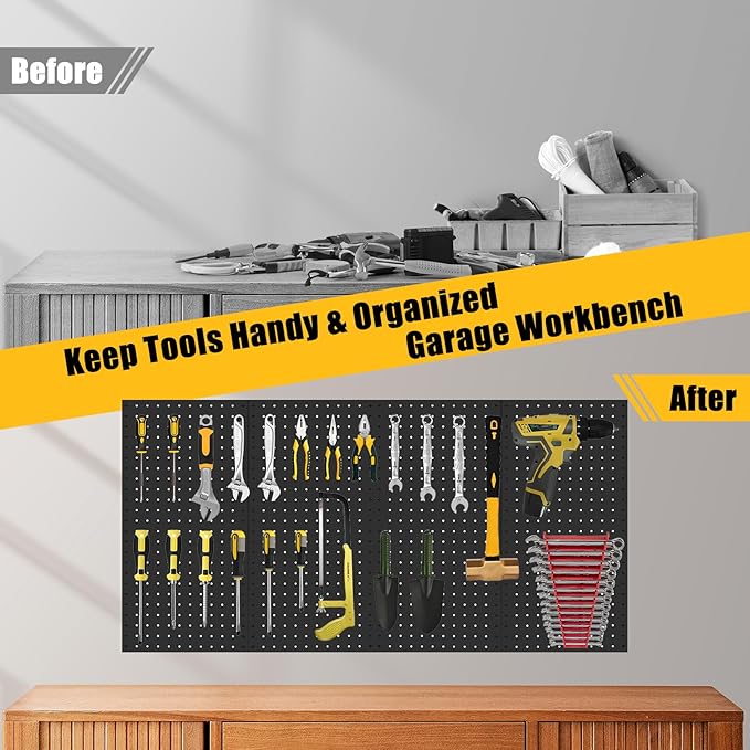 6 Pcs Metal Pegboard Panels, Heavy Duty Peg Boards for Garage and Garden Tool Storage, Includes Drywall Anchors and Screws Kits, Black