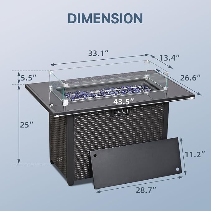 5 Piece Patio Furniture Set with 43" Propane Fire Pit Table, Outdoor Wicker Conversation Set, Rattan Modern Sectional Sofa Couch with Coffee Table for Backyard Porch Garden Poolside, Black-Grey