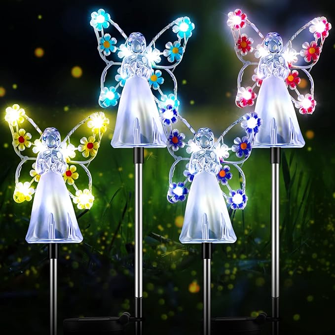 4 Pieces Solar Angel Stake Lights, Multicolor Angel LED Garden Decorations, Multicolor Garden Outdoor Solar Lights, Cemetery Decorations for Grave Yard, Memory Sympathy Gifts Favor