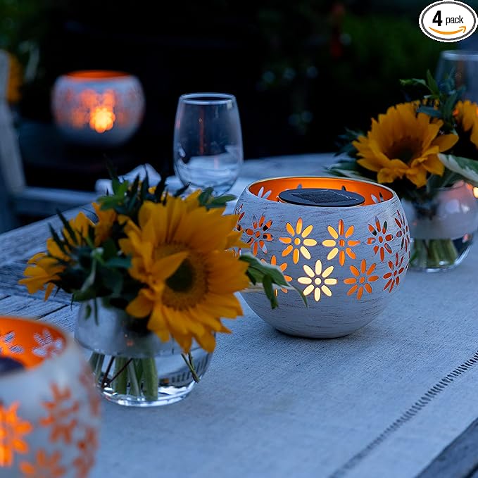 5.4” 4-Pack Decorative Metal Solar Patio Light with Flickering Flame, Waterproof Dusk-to-Dawn Garden Lantern, White