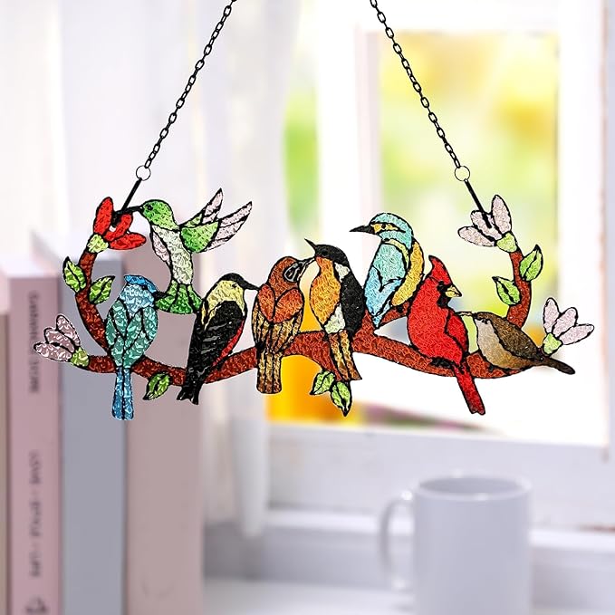 Huray Rayho Birds On Branch Stained Glass Suncatcher Cardinal Hummingbird Kingfisher Double Side Glass Panel Window Hanging Decor Bird Ornament Bird Lover Gift for Mom Grandma