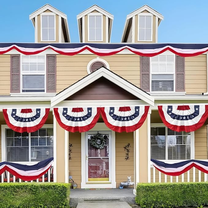 2x4Ft American Bunting Flag 4th of July Embroidered Stars USA Bunting Banner Patriotic Decorations Pleated Half Fan Flags Decor Outdoor Outside Porch Garden Window Independence Day Memorial Veterans