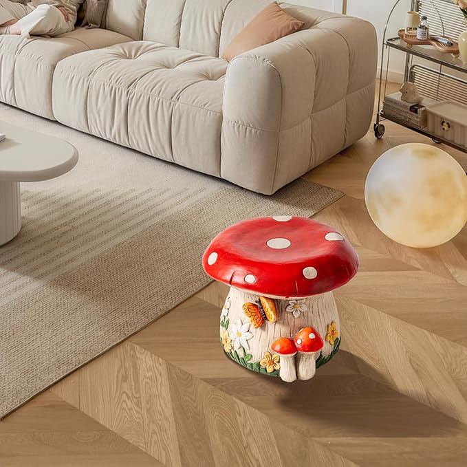 14''W Mushroom House Statue Outdoor Statues Garden Resin Stool Over-Sized Sculpture Forest Pedestal Spring Decor for Home Courtyard Lawn Patio Summer Ornament Indoor Stool