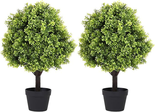 27“ Realistic Artificial Boxwood Topiary Trees Set of 2, Faux Boxwood Plants Outdoor UV-Resistant, No Maintenance Curb Appeal Fake Evergreen Bushes & Shrubs for Front Porch Outside Planter Decor