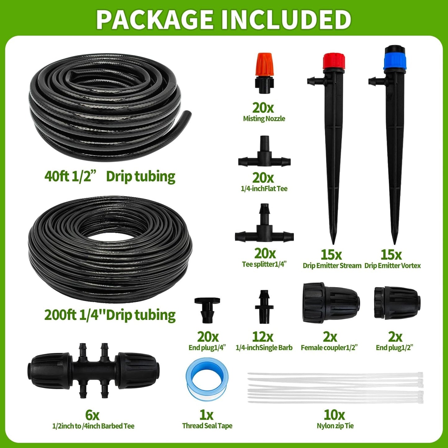 240FT Drip Irrigation System,Automatic Drip Irrigation Kit with 1/2 inch Hose 1/4 inch Distribution Tubing and Accessories,for Lawn Raised Bed Greenhouse Plant Watering System
