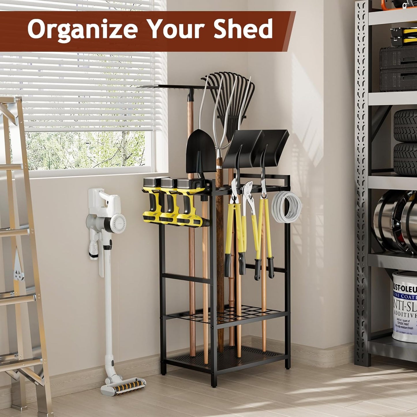 Garden Garage Tool Organizer - Yard Tool Organizer for Garage with 4 Hooks, Heavy duty Steel Garden Tool Rack Holds up to 48 Long Handled Yard tools for Storage