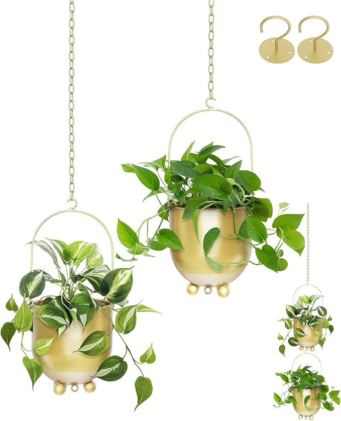 AceList Boho Gold Metal Hanging Planters, Set of 2 with Hooks & Chains - Versatile Wall & Ceiling Window Hanging Planters for Indoor/Outdoor Décor