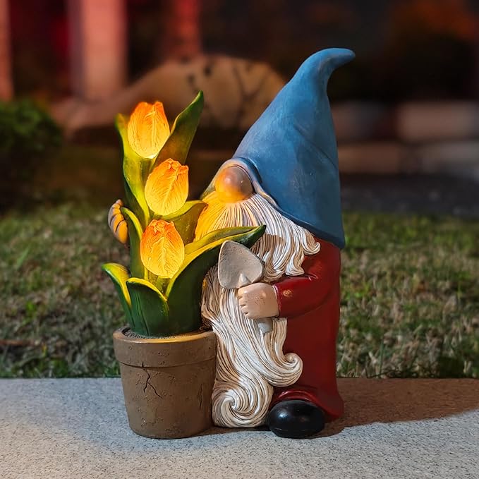 Garden Gnome Statue, Sculpture of a Dwarf Holding a Shovel and a Flower Pot, Solar Gnome Statues Outdoor Decor, Outside Lawn Patio Yard Ornament Gifts