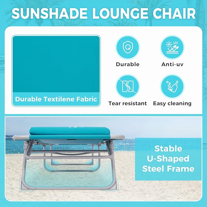 #WEJOY Folding Tanning Chair with Canopy Shade, Portable Adjustable 5-Position Patio Chaise Lounge with Pillow & Storage Pocket for Lay Flat Outdoor Lawn Backyard Beach Camping Pool (Cyan)