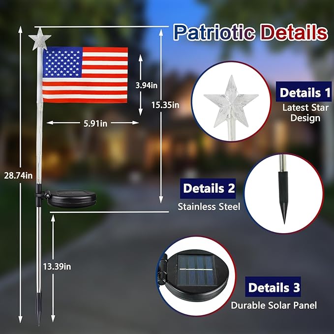 4th of July Decorations Outdoor Solar Lights, 2 Pack Red White and Blue Star Lights for National Day with American Flag, 2 Modes Waterproof Solar Patriotic Light for Independence Memory Day Yard Path