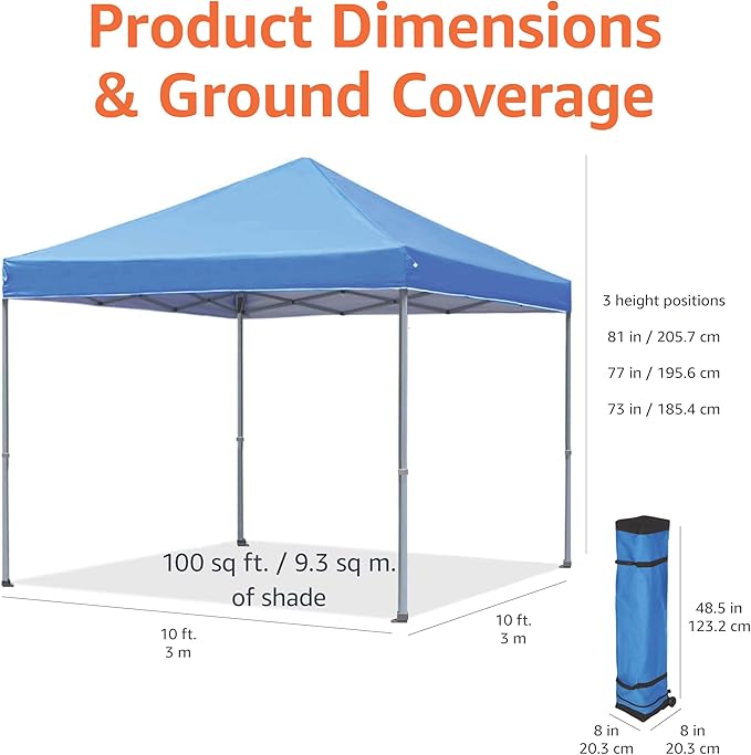 Amazon Basics Outdoor Pop Up 10 x 10 Canopy Tent for Events, Portable with Easy Setup, Includes Wheeled Carry Bag, 8 Pegs, 4 Ropes, 4 Weighted Bags, Blue