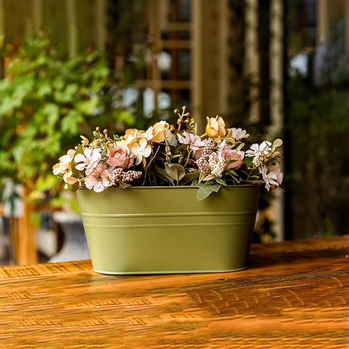 5 Pack Metal Hanging Flower Pots for Railing Fence，Outdoor Balcony Rail Planter with Garden Tools Detachable Hooks Drainage Holes for Deck Garden Home Decor Green