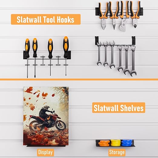 INCLY 30PCS Slatwall Accessories Set with Slatwall Baskets, Slatwall Hooks, Slatwall Shelves, Slatwall Bins, Slatwall Cups, Heavy Duty Slat Wall Accessory for Garage Room Shop Organizing Display