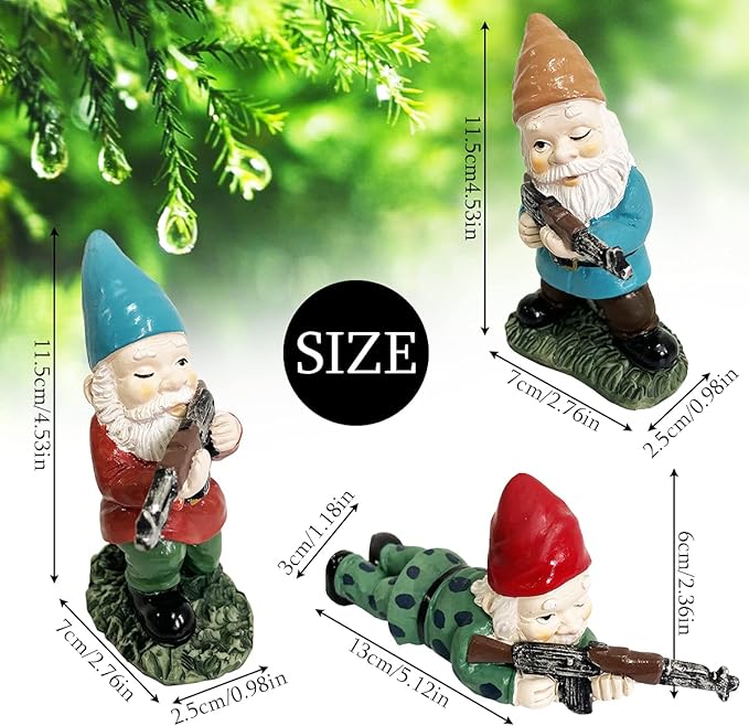 3Pcs Military Soldier Garden Gnomes with Guns AK47, Funny Army War Combat Defender Gnome Statue Figurines, Indoor Outdoor Patio Yard Lawn Desktop Ornament Decor,Valentine's Day Men Gift