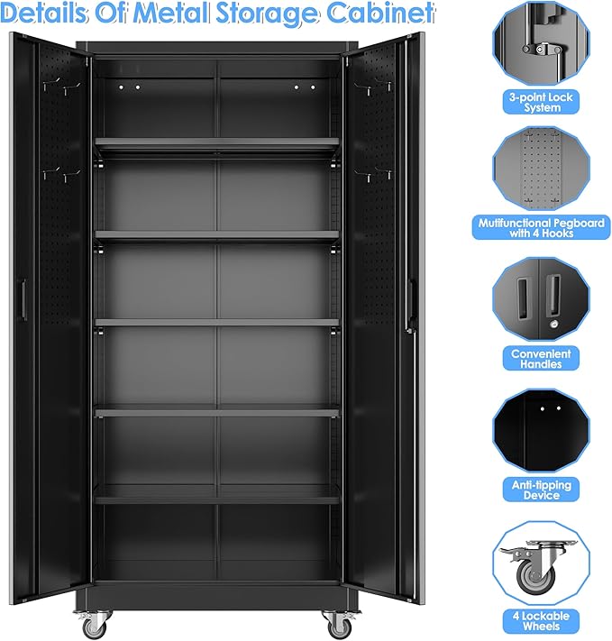 Garage Storage Cabinet with Wheels & Pegboard, 71" H×34" W×18" D Locking Metal Storage Cabinet with 2 Doors and 5 Adjustable Shelves for Garage Workshop Home, Black, Assembly Required