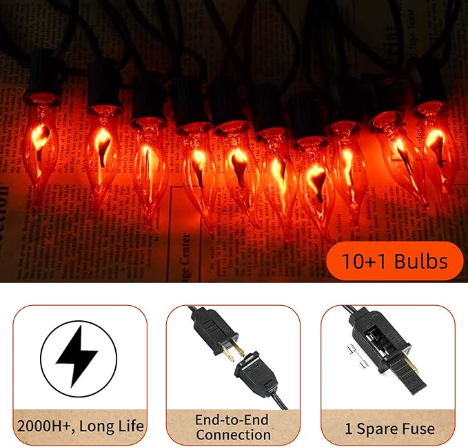 Halloween Lights Flickering Flame String Lights with 12 Pack C7 Orange Flame Light Bulbs (2 Spare), 12.8Ft Orange Flame String Lights for Indoor Outdoor Home Party Yard Halloween Decorations