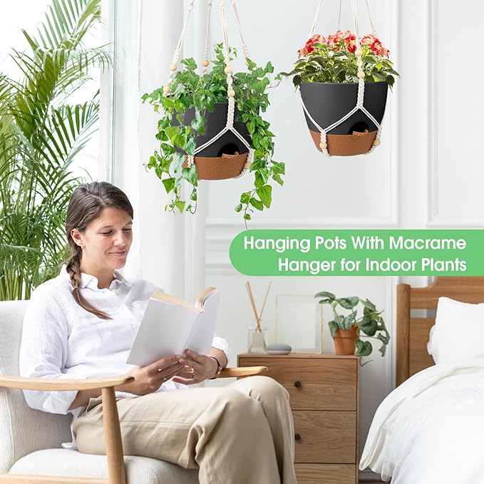 Hanging Planters for Indoor Outdoor Plants, 2 Pack Self Watering Hanging Pot with Drainage Holes, Removable Tray & 2 Kinds of Plant Hangers, 10'' Hanging Flower Pots for Home Garden Decor, Black