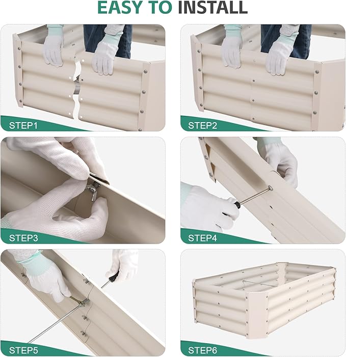 Galvanized Raised Garden Bed - 4x2x1ft Metal Garden Planter Box Outdoor | Steel Raised Bed Kit with Bracing Rods, Gloves for Gardening Vegetables Fruits and Flowers (White)