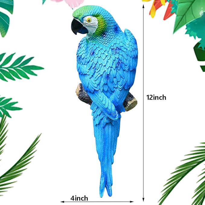 12inch Blue Parrot Tiki Bar Statue for Pool Decorations, Outdoor Parrot Deck Decor, Resin Plastic Parrot Sculpture for Porch, Life Size Tropical Birds for Yard, Tree Faces Animals(Blue)