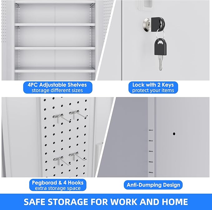 73" H Metal Garage Storage Cabinet with Wheels & Pegboard,Rolling Tool Cabinet with 2 Doors and 4 Shelves for Garage,Home,Office,Warehouse,Workshop, Required-Assembly,White