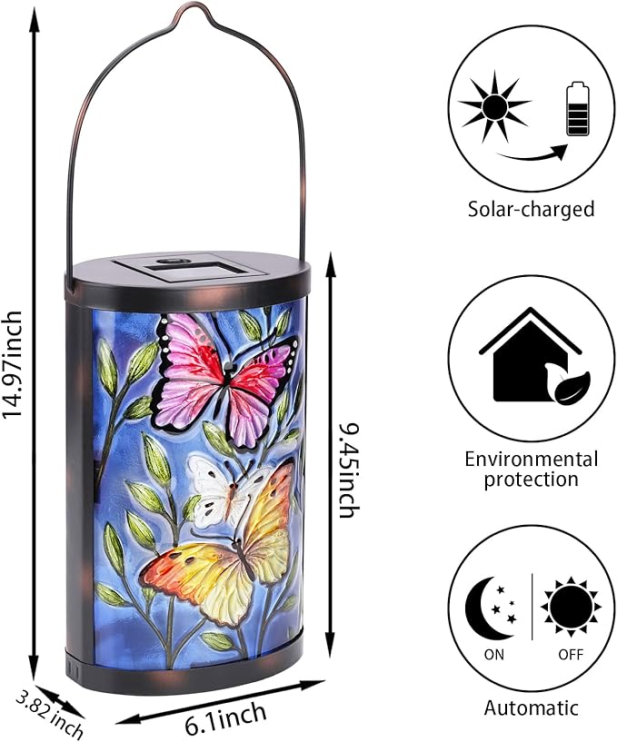 Hanging Solar Lantern Outdoor Waterproof LED Butterfly Solar Lights Decorative Solar Garden Lanterns Tabletop Lamp for Outdoor Patio Yard Decor