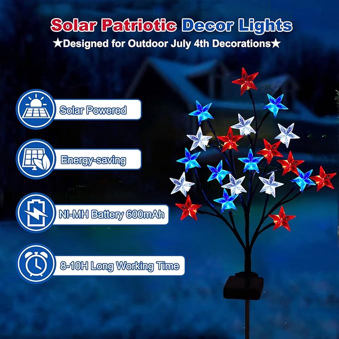 2 Packs Solar 4th of July Decorations Outdoor Lights, Solar Red White and Blue Star Pathway Lights, Waterproof Outdoor Patriotic Decorations Lights for July 4th Memorial Day Garden Yard Pathway Grave