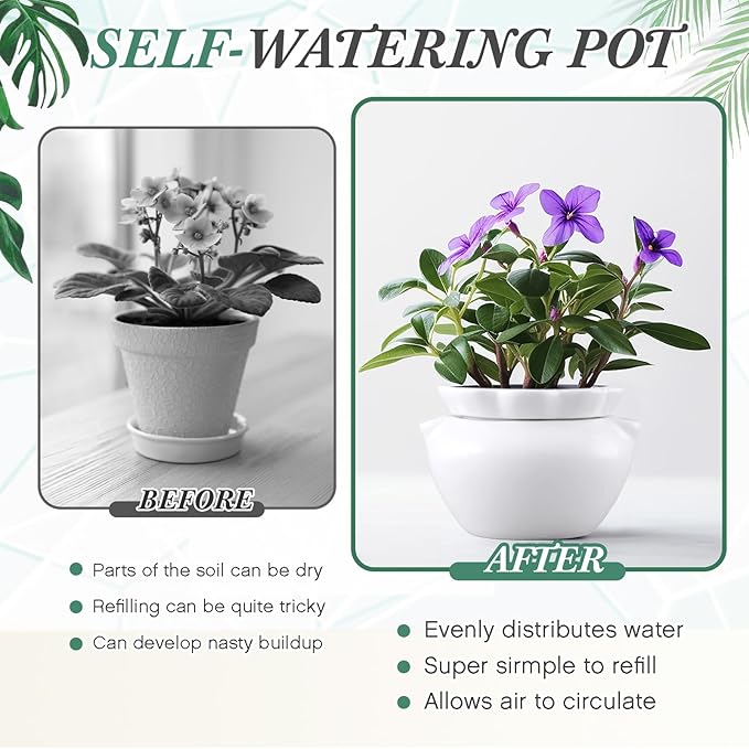 4 Set 4 Inch African Violet Pots Self Watering White Ceramic Planter Highly Absorbent Inner Planter Pot for Indoor Plants Plant Lovers Ideal Plant Pot Thriving Plant Flower Maintenance