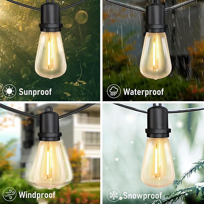 GOOTHY Outdoor String Lights 100Ft ST38 LED Patio Lights Outdoor Waterproof with 52 Vintage Edison Bulbs, Connectable Dimmable Backyard Light for Outside Backyard Porch Balcony Party Bar Decorations