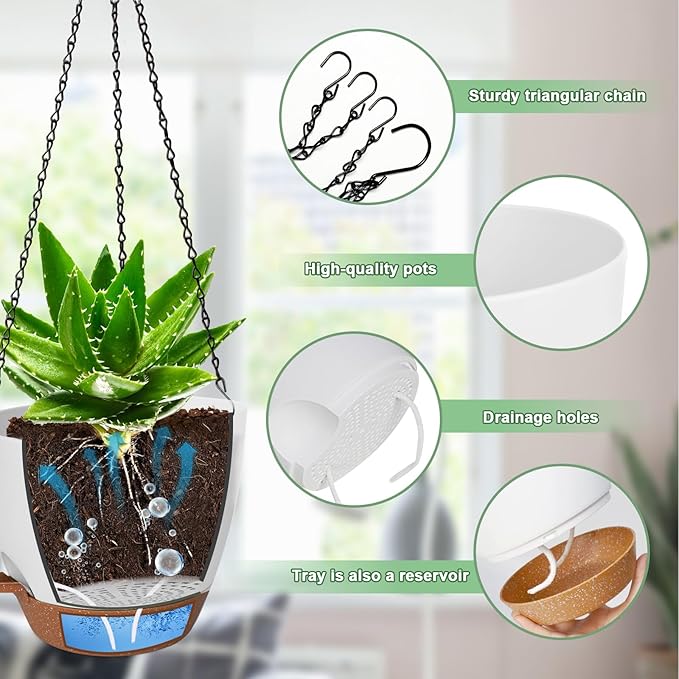 3 Pack Hanging Planter Indoor Outdoor Flower Pots 7/6.5/5 Inch, Self-Watering Hanging Pot with Drainage Holes Hanging Baskets Holder Plant Pots for Garden (White)