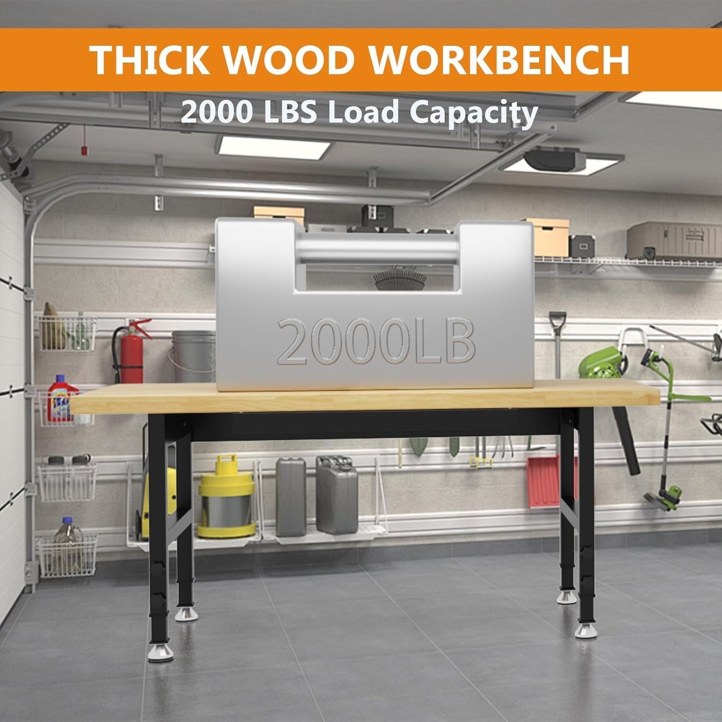 60" Work Bench, Adjustable Height Workbench, Heavy-Duty Thicker Work Table, 2000 LBS Load Capacity Workstation for Garage, Workshop, Office, Home