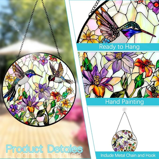 Hummingbird Suncatcher Stained Glass Window Hanging - Bird and Flowers Suncatchers for Windows - Sun Catchers Indoor Window Wall Art Home Decor Panel - Hummingbird Gifts for Women Men Mom Bird Lovers