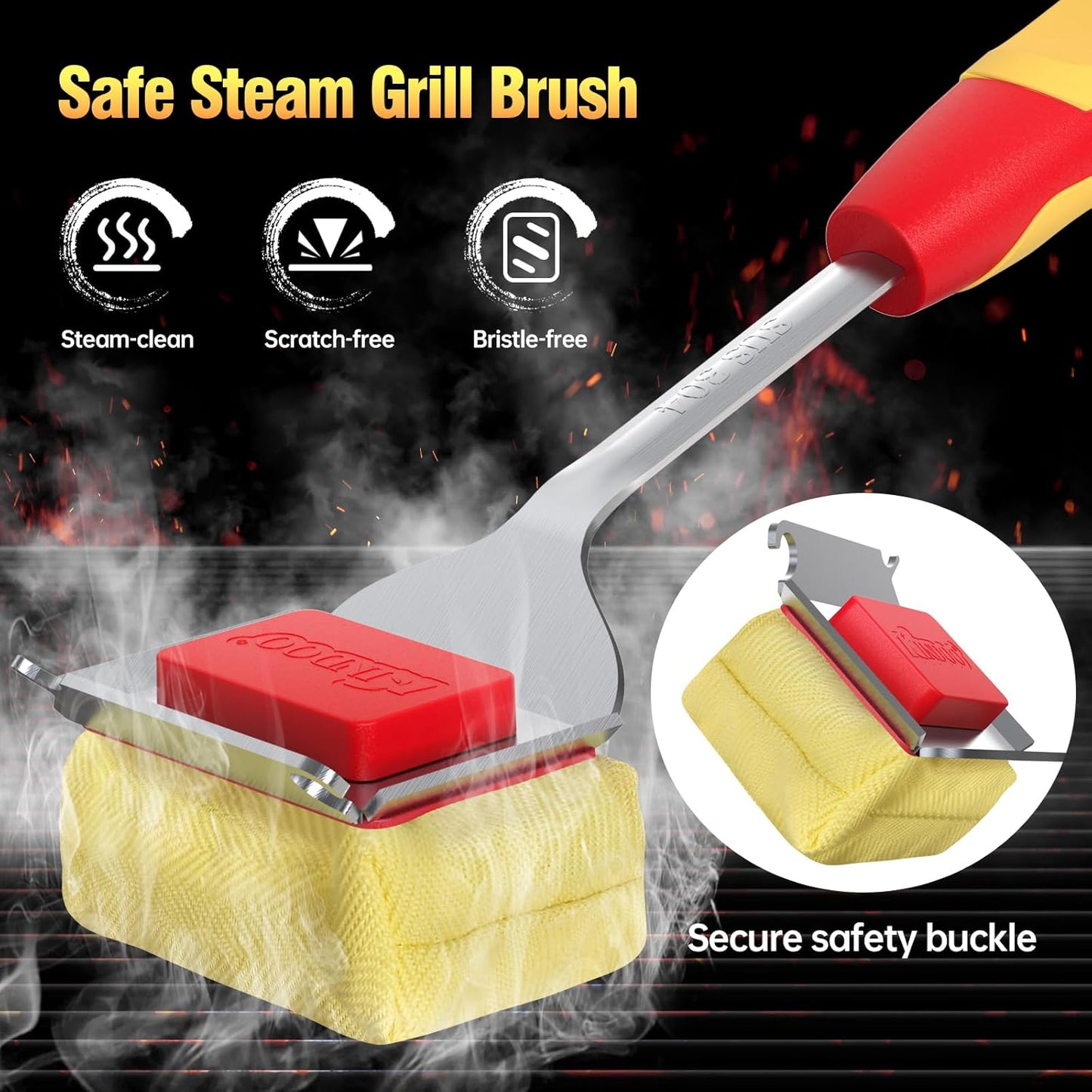 Grill Brush Bristle Free for Outdoor Grill, Steam Grill Cleaning Brush Replaceable BBQ Cleaner Brush Head,Extended Handle, Safe Grill Brush with Scraper for Cast Iron Stainless-Steel Grates, Red
