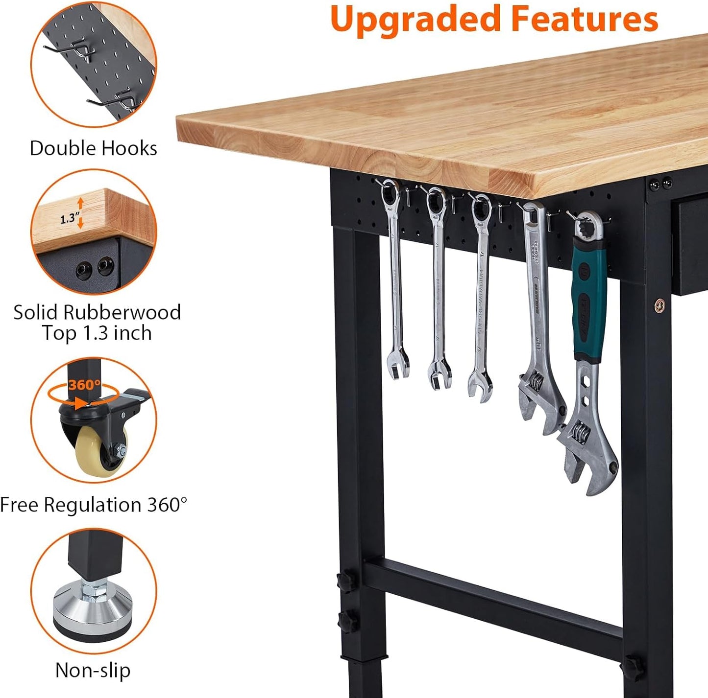 60'' Adjustable Workbench, Heavy Duty Workbench with Drawer, Power Outlet and Lockable Wheels, 2000 LBS Capacity, Work Table Suitable for Office, Garage, Workshop